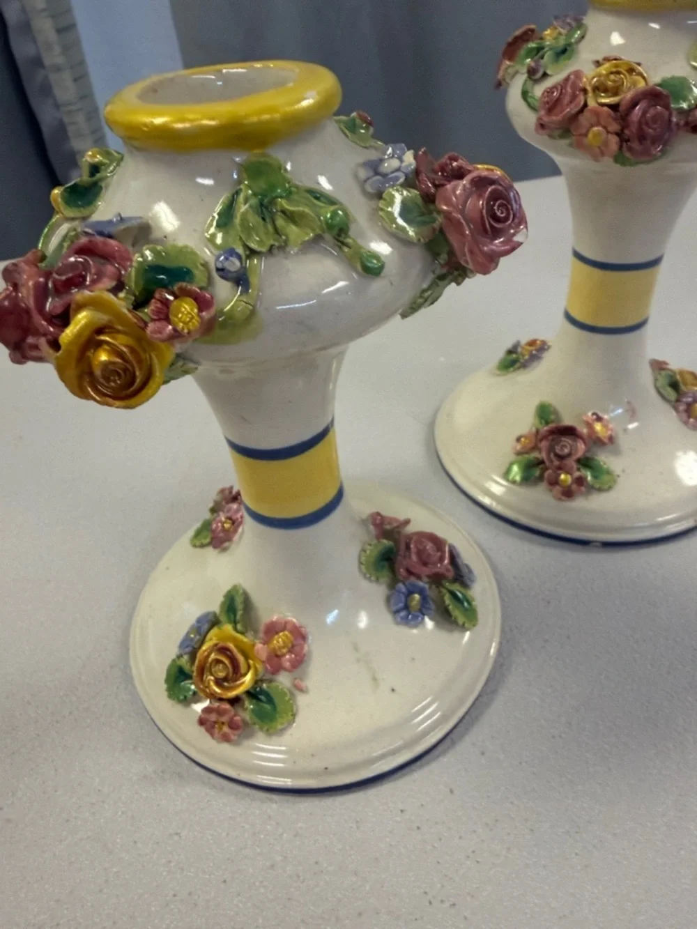 Vintage made in Italy White Ceramic Floral Candlestick with Yellow Accents